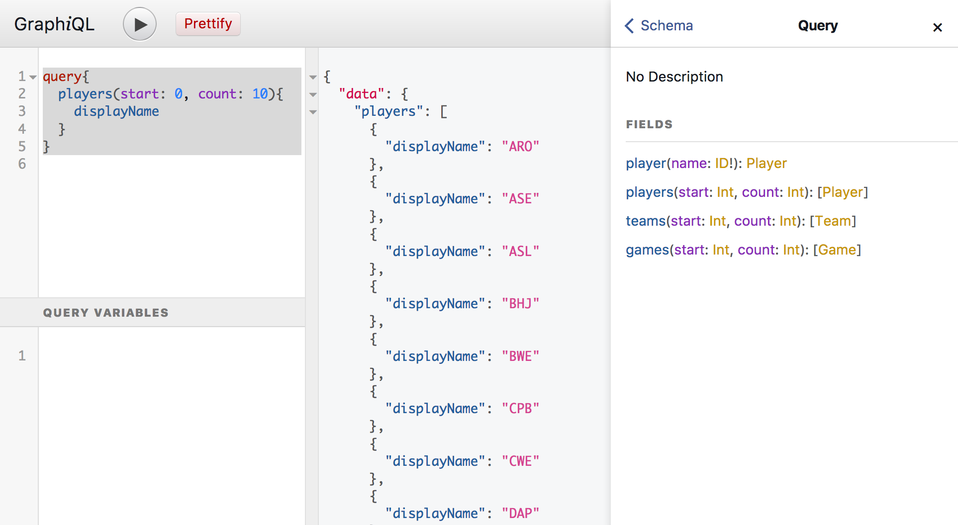GraphiQL interface shoing query, result and documentation panels