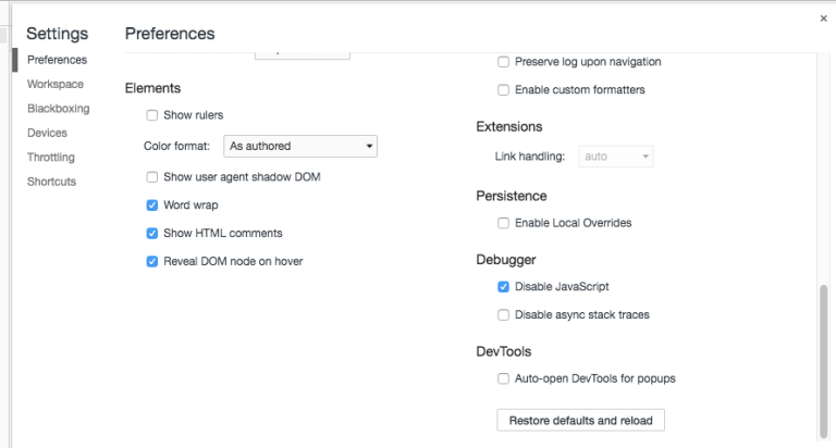 Chrome Dev Tools settings screen